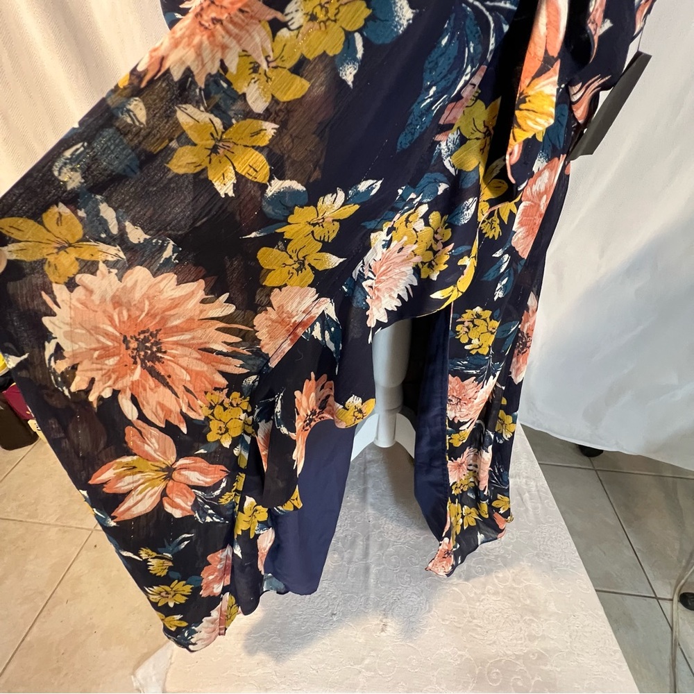 Lulus MIDI Floral Dress Blue Ruched Waist Flounce Skirt Slit Spaghetti Straps L - Picture 7 of 16